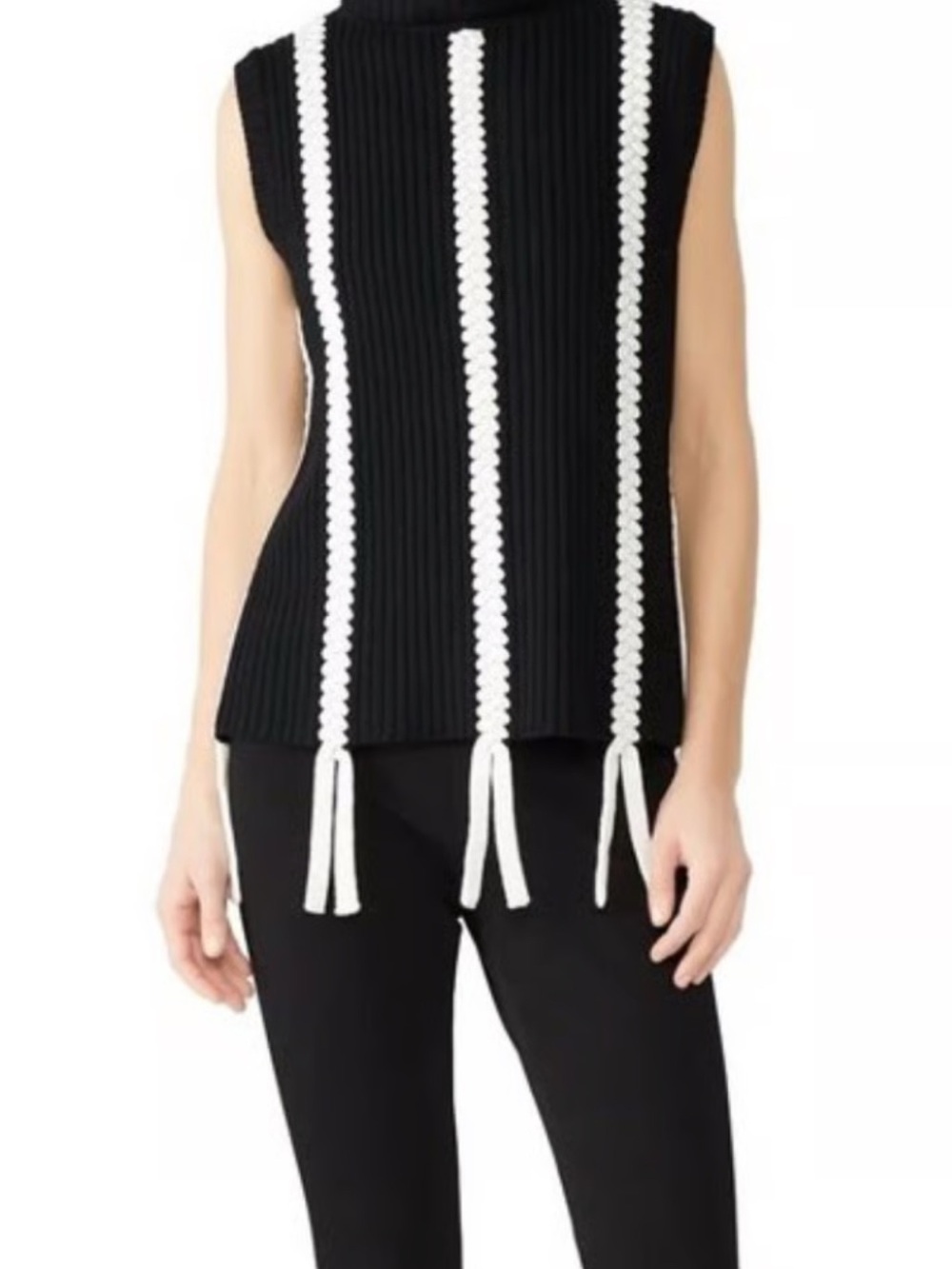 10 Crosby Derek Lam Black 100% Merino Wool Vest Top White Braided Trim Fringe